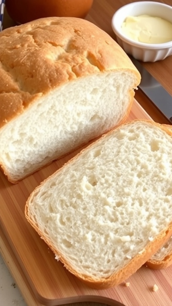 Freshly baked sandwich bread loaf sliced on a wooden board with butter.